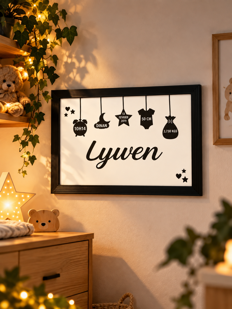 Cadre de naissance personnalisé avec prénom, date, heure, poids et taille de naissance de bébé, réalisé en papier cartonné 230 g pour décorer la chambre de bébé.