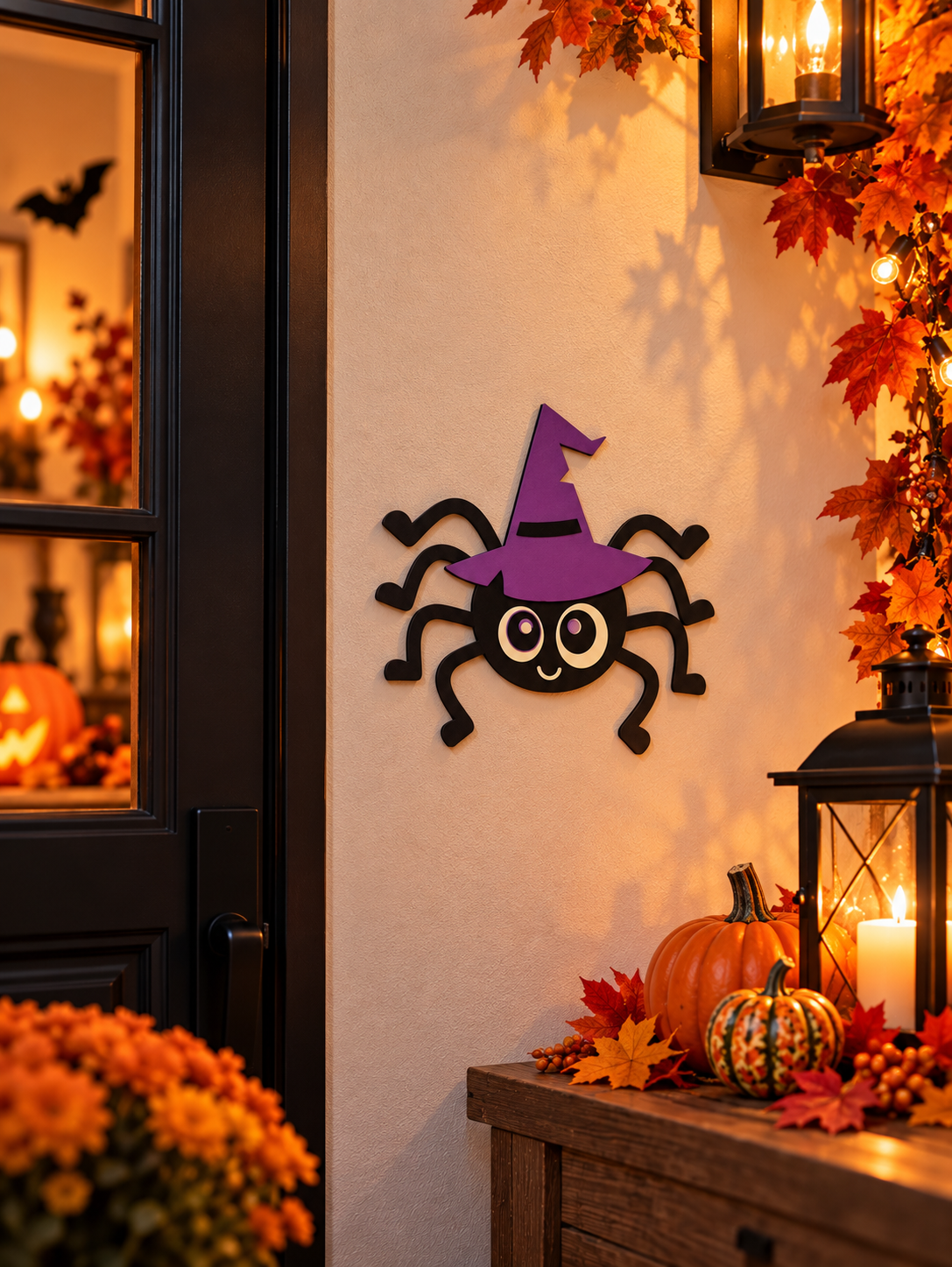 Décoration Halloween en carton avec araignées et chapeaux de sorcière