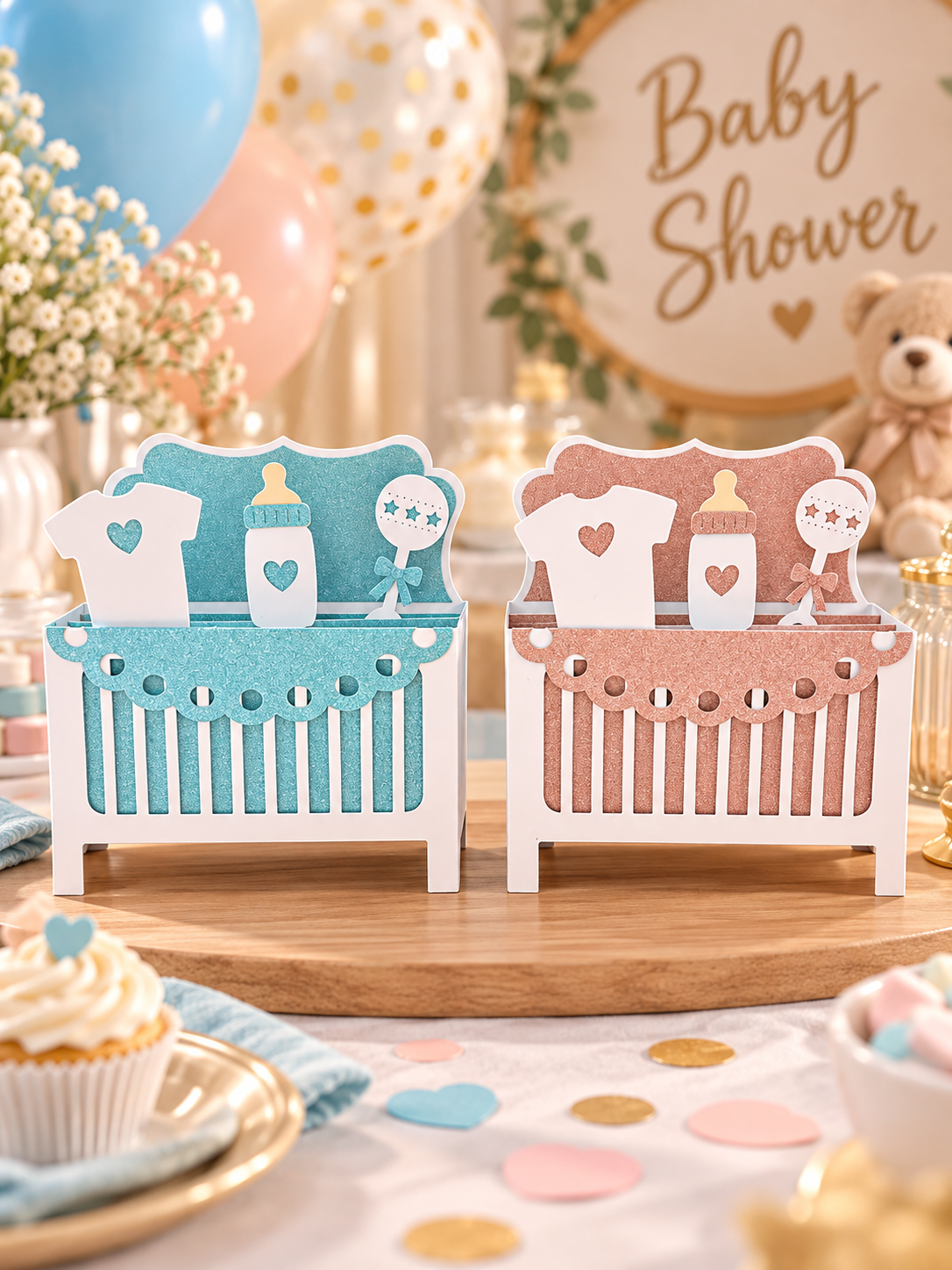 Décor de baby shower en papier cartonné, lits de bébé bleu et rose
