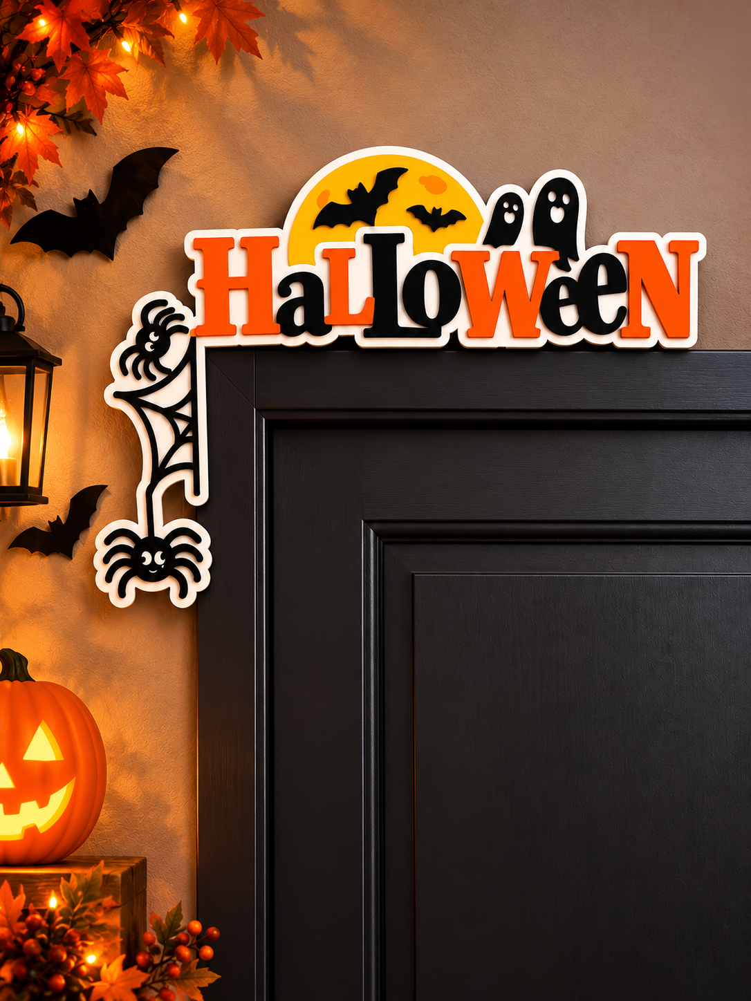 Décoration porte Halloween en carton avec fantômes et chauves-souris