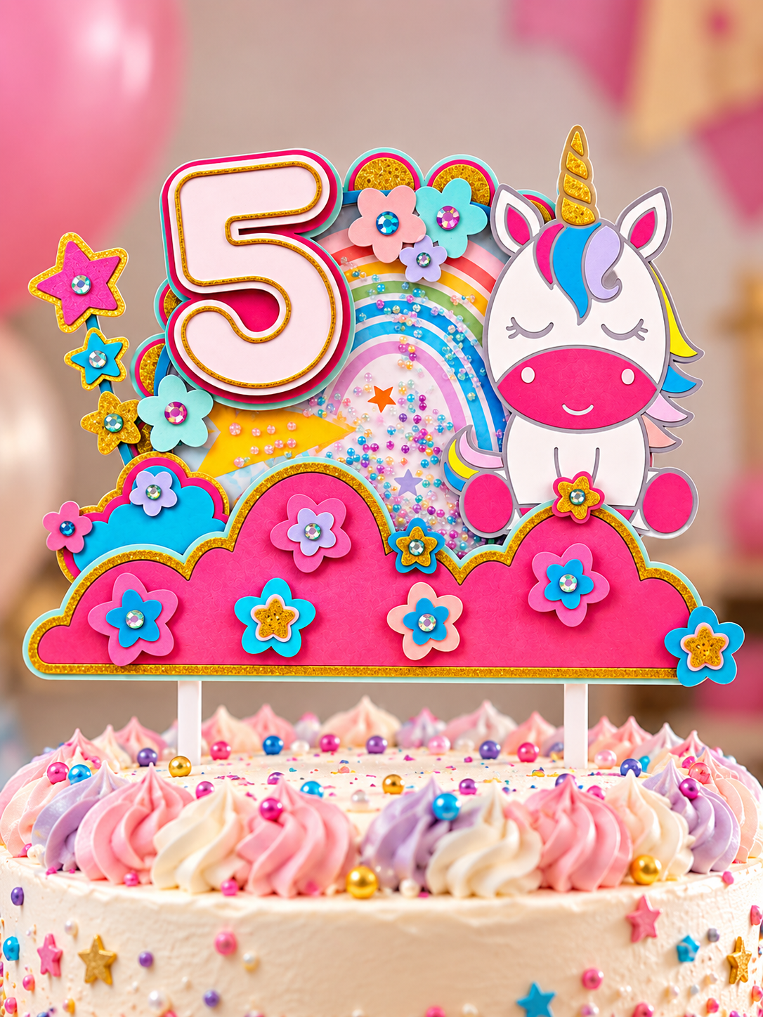 Décoration gâteau licorne anniversaire 5 ans en carton coloré