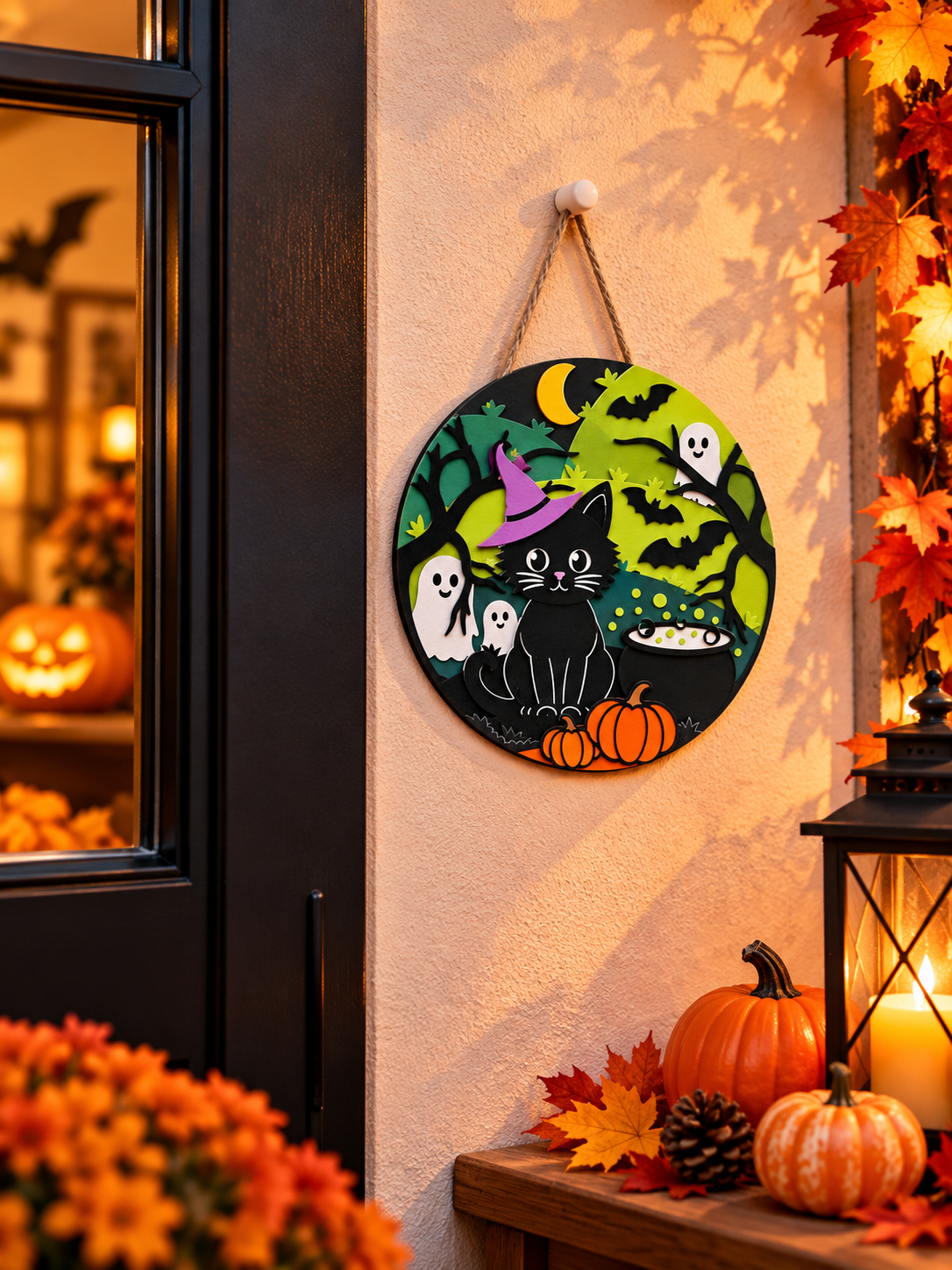 Décoration Halloween en carton avec chat sorcière fantômes et citrouilles