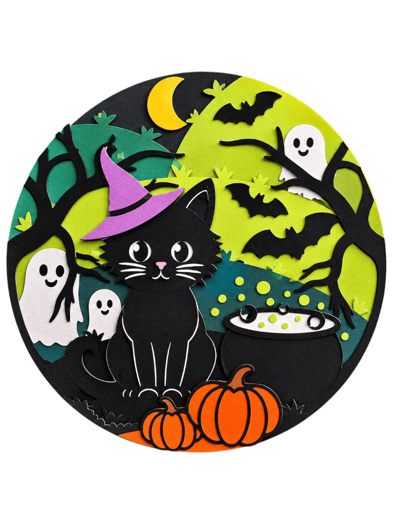Tableau mural Halloween chat et sorcière, en relief
