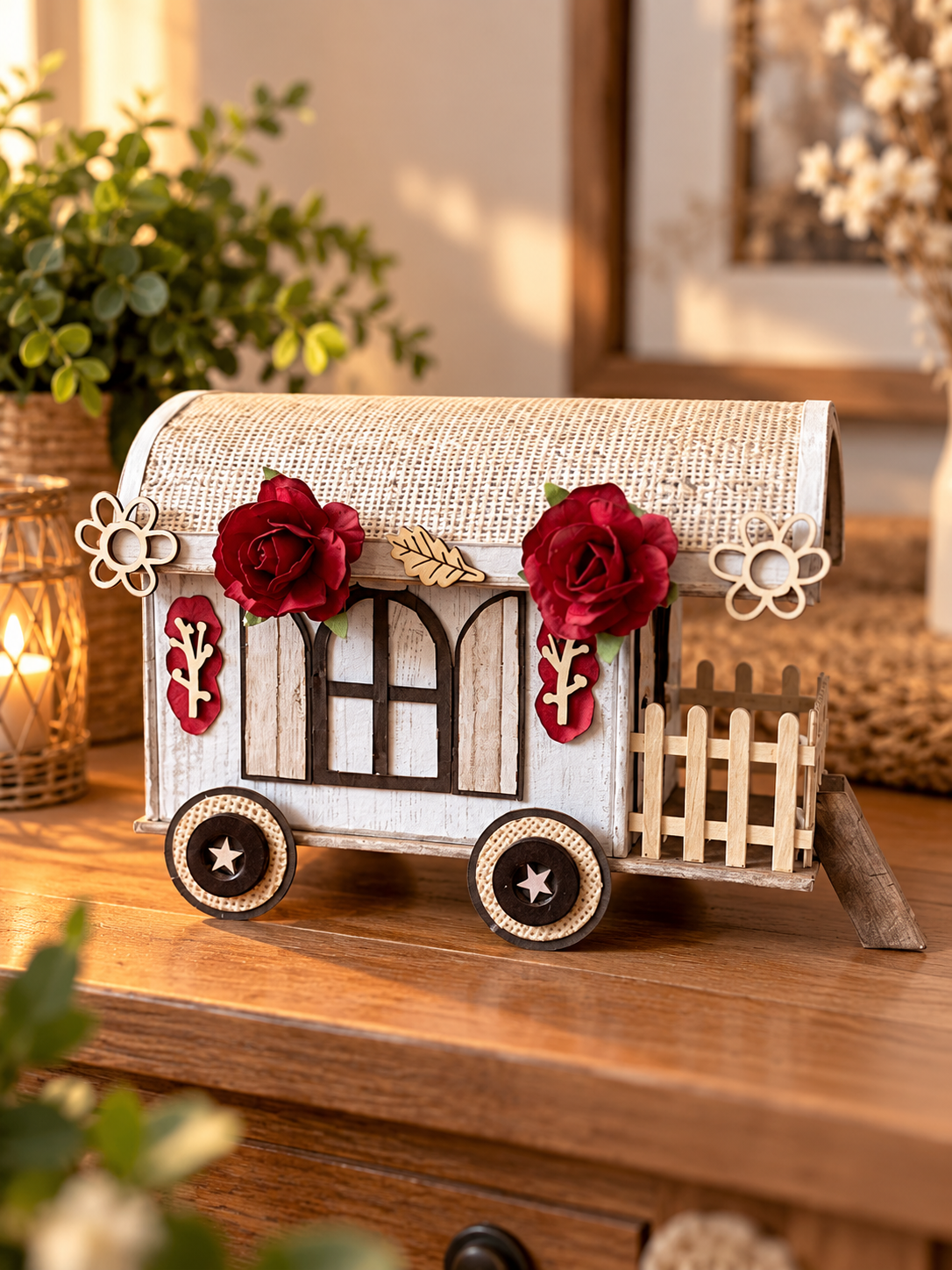 Roulotte décorative en carton avec fleurs et décoration bohème