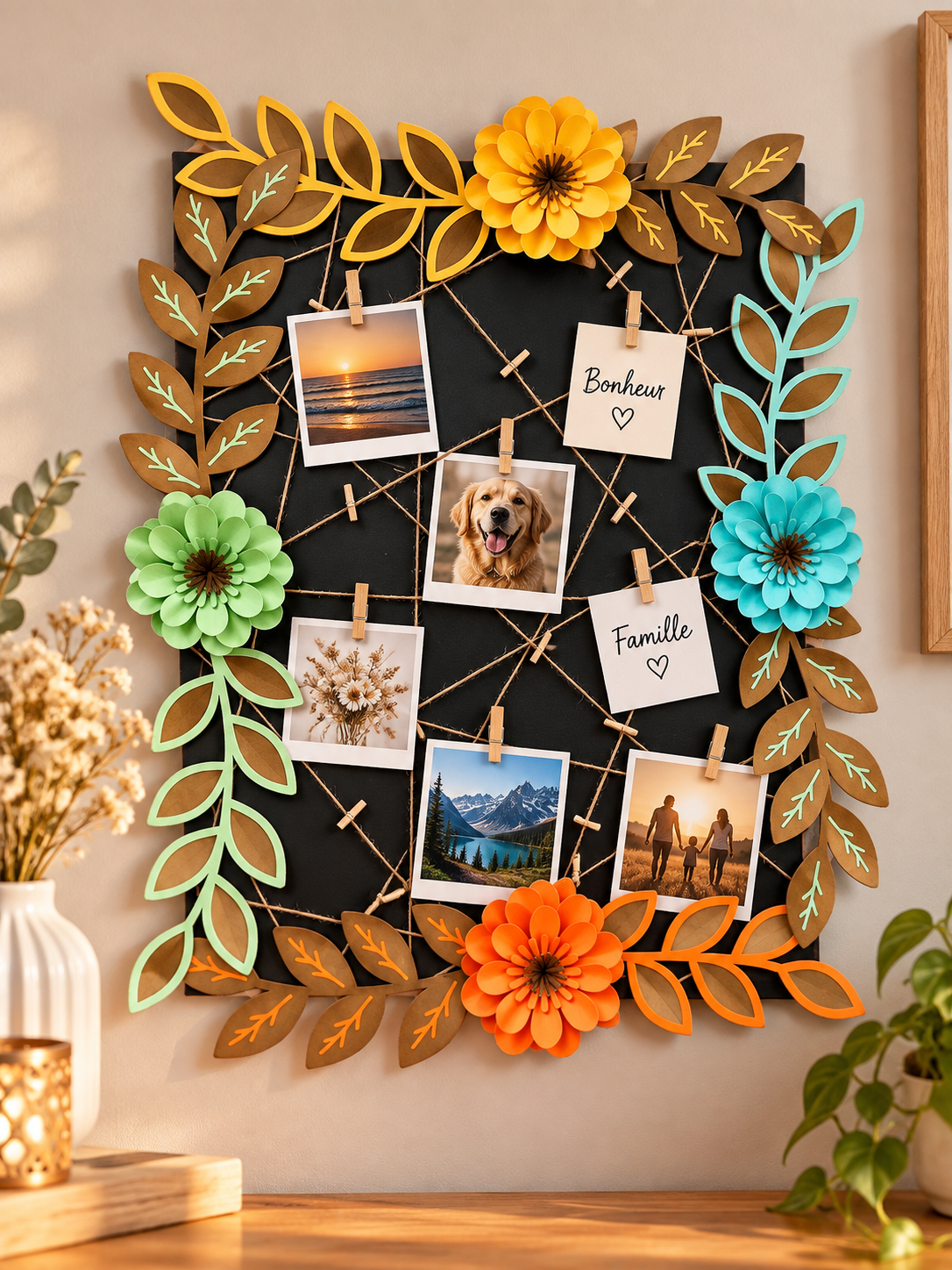 Cadre photo pêle-mêle en carton avec fleurs colorées, ficelles et mini-pinces pour photos souvenirs