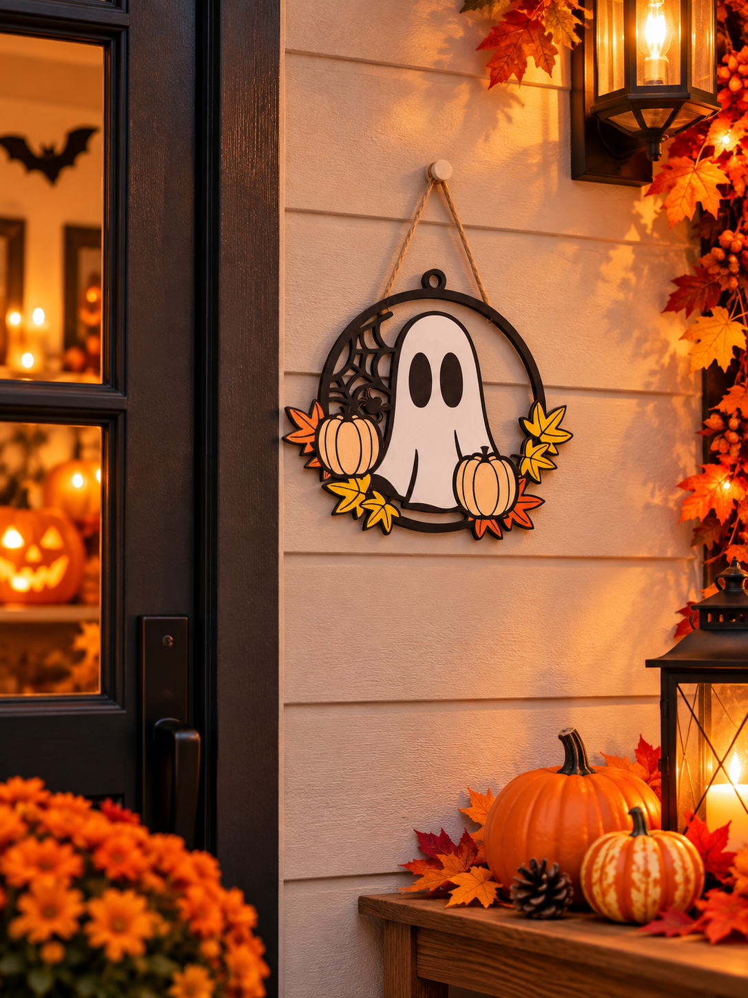 Fantôme Halloween en carton avec citrouilles et feuilles d’automne