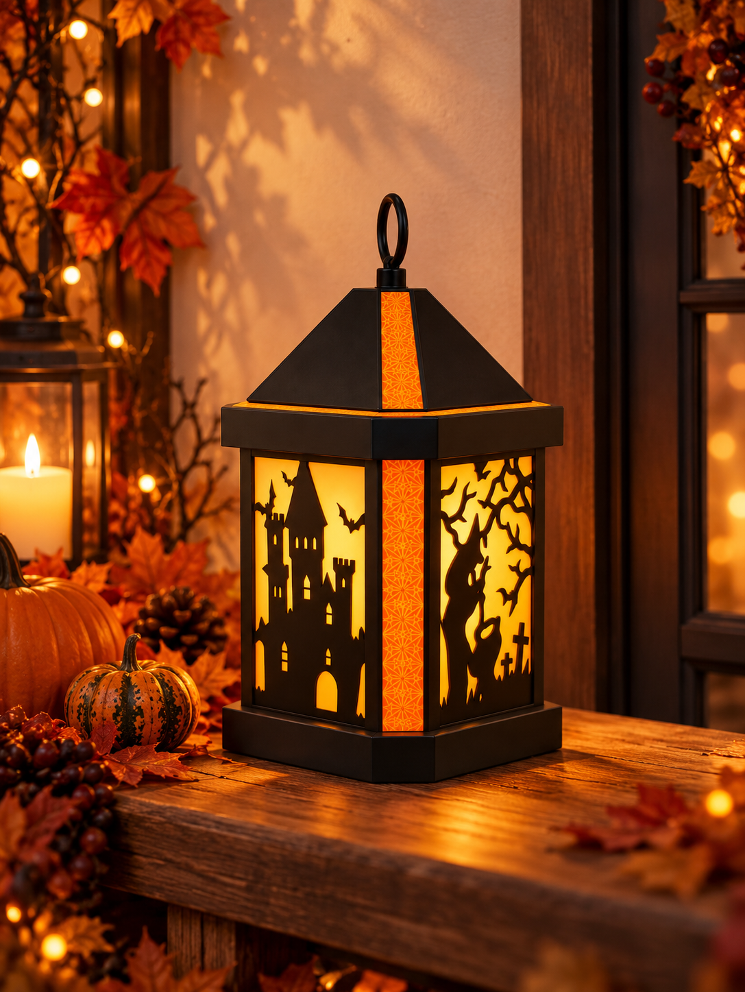 Lanterne Halloween lumineuse en carton avec château hanté et chauves-souris