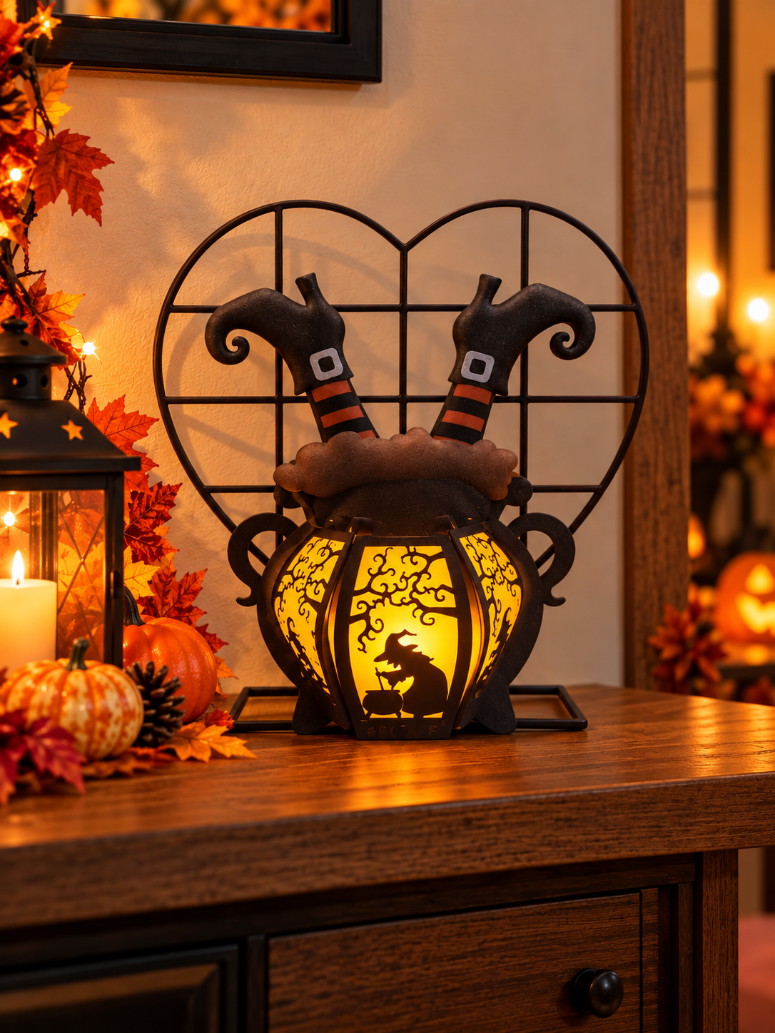 Lanterne sorcière Halloween lumineuse en carton avec bougie LED
