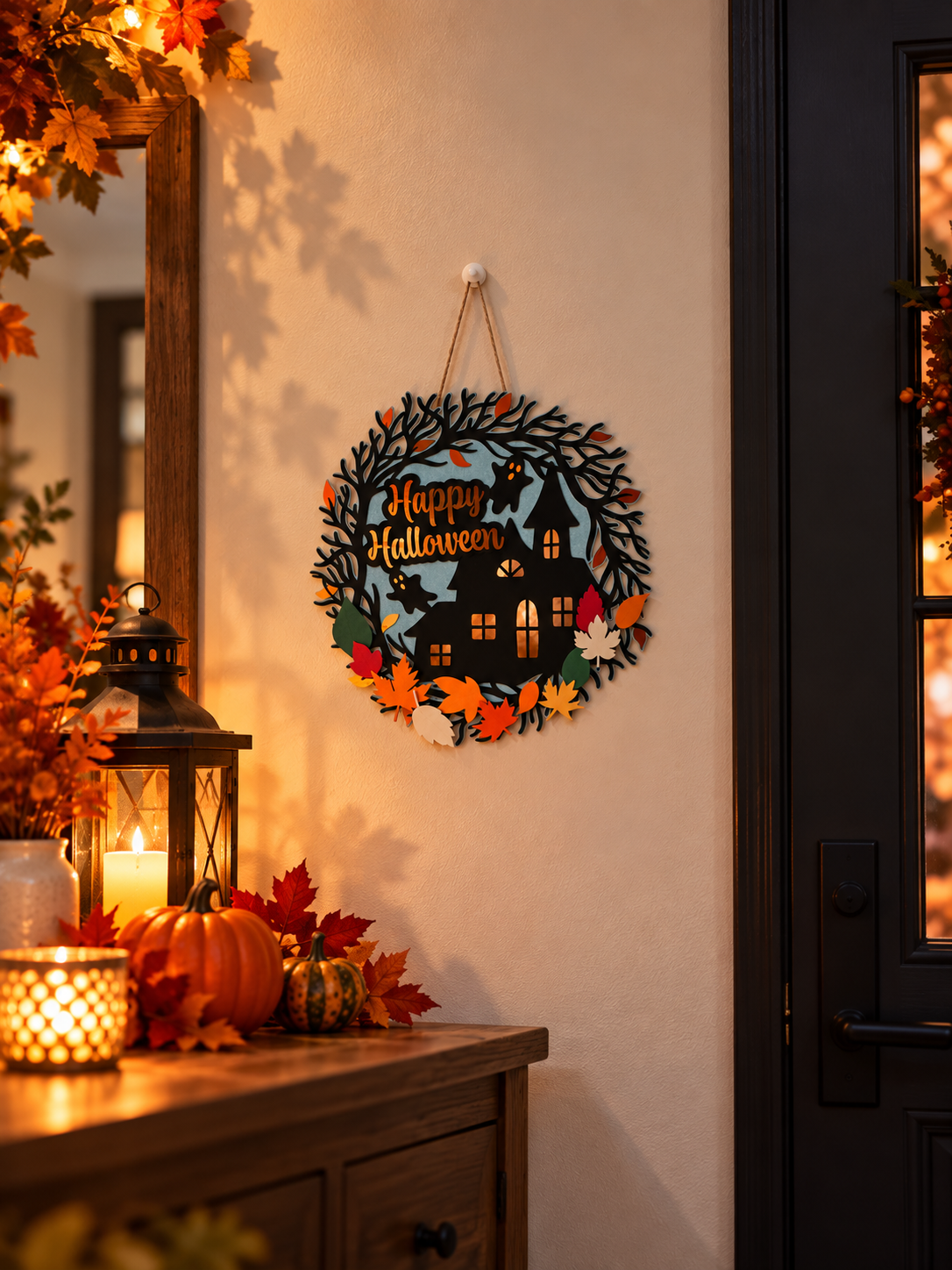 Décoration Halloween à suspendre en papier cartonné 230 g représentant une maison hantée, des fantômes et des feuilles d’automne avec l’inscription Happy Halloween.