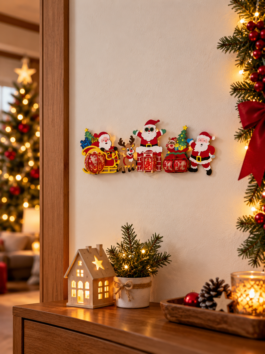 Décorations Père Noël en carton avec renne, traîneau et sapins