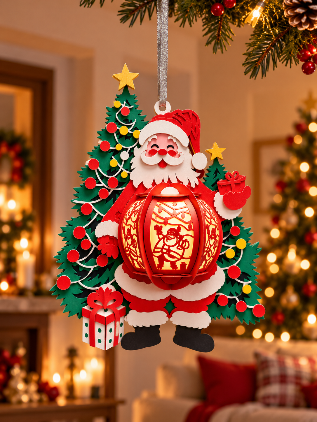 Lanterne Père Noël lumineuse en carton pour décoration de Noël avec bougie LED