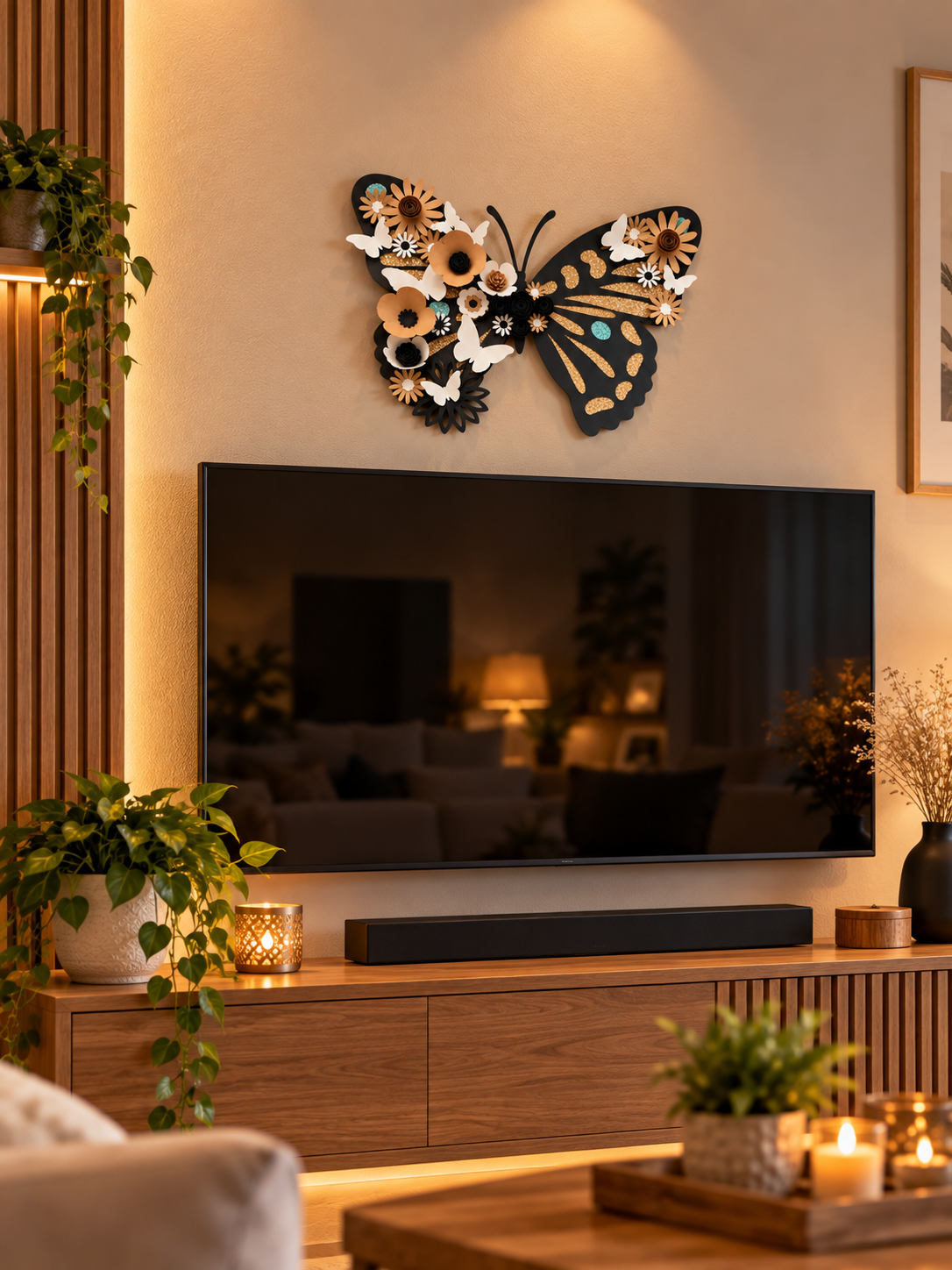 Décoration murale papillon en carton noir et doré avec fleurs