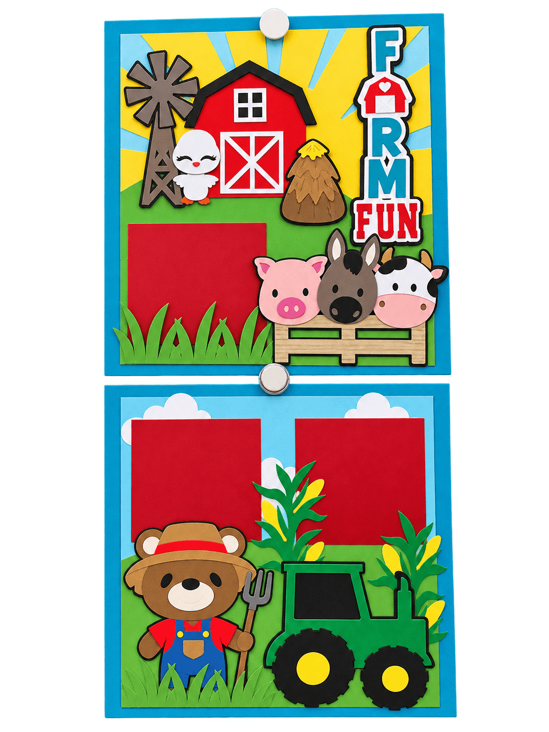 Cadre photo ferme enfant en carton avec animaux, tracteur et grange