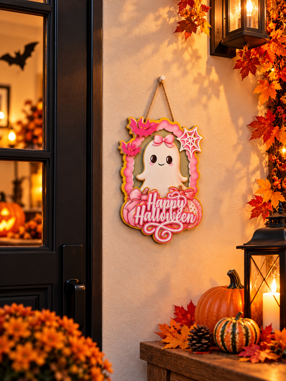 Décoration fantôme Halloween en carton rose avec chauves-souris et citrouilles