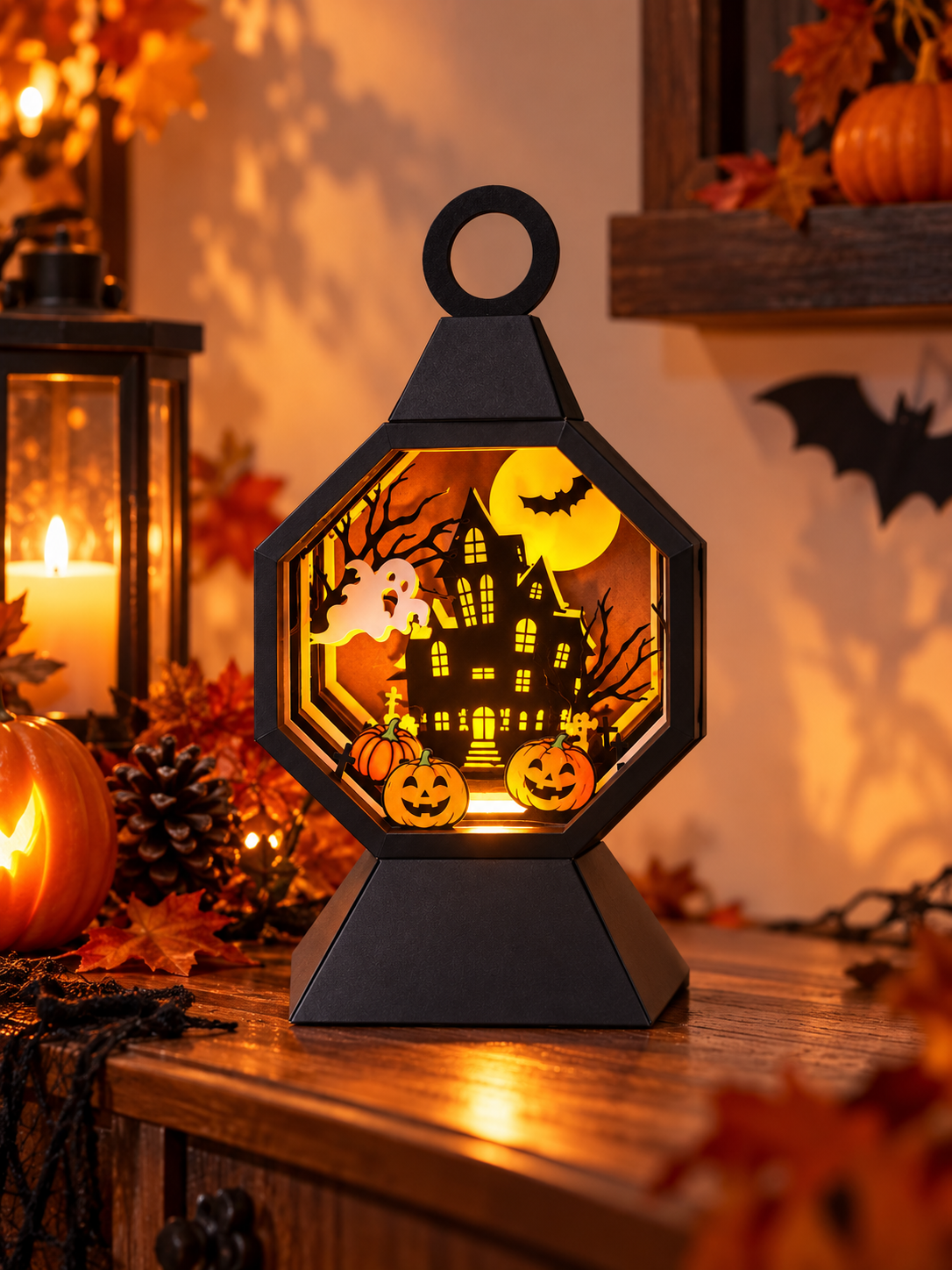 Lanterne Halloween lumineuse en papier cartonné représentant un château hanté en relief, avec citrouilles, fantôme, chauves-souris et lune, éclairée par LED.