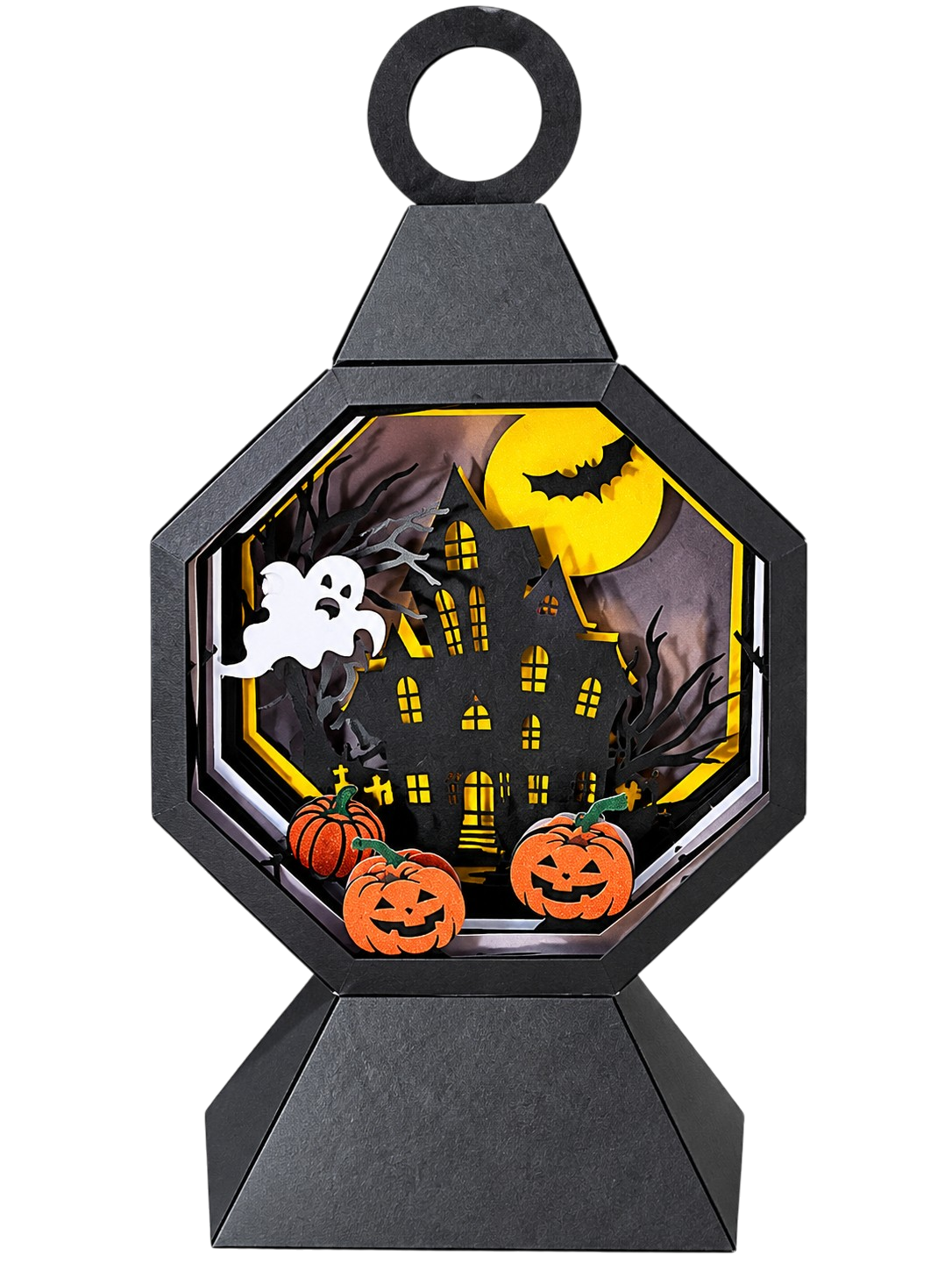 Une lanterne Halloween lumineuse représentant un château hanté entouré de citrouilles, fantômes et chauves-souris.
