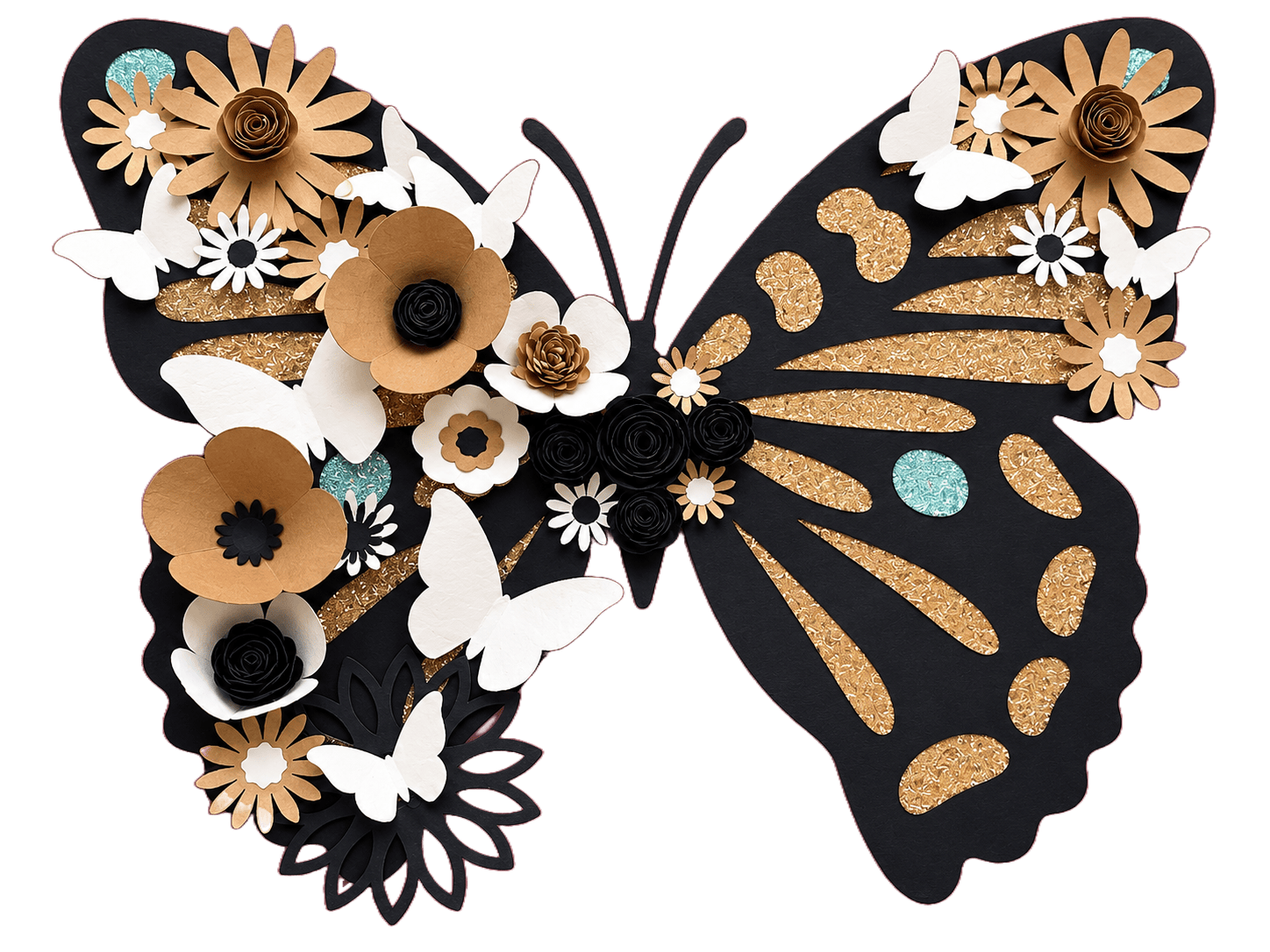 Papillon décoratif en cartonnage, fleurs en papier kraft, noir et blanc